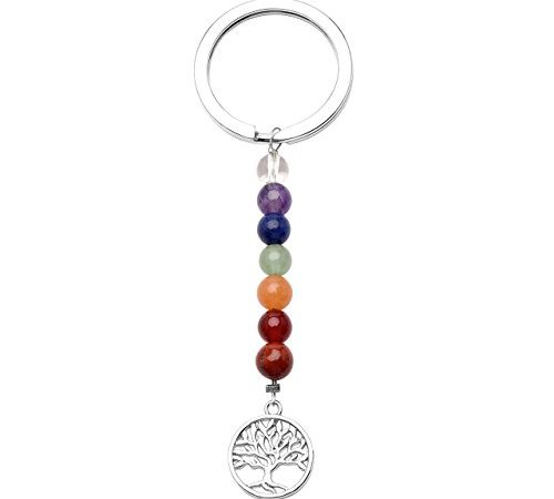 JSDDE Schlüsselbund Natürlich Edelstein Lebensbaum Schlüsselanhänger 7 Chakra Anhänger Schlüsselring Keychain Schmuck