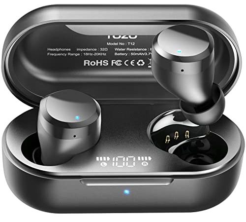 TOZO T12 Drahtlose Bluetooth Kopfhörer mit Touch-Steuerung und kabellos Ladekoffer Digital LED-Display IPX8 wasserdichte Ohrhörer Eingebautes Mikrofon-Headset Deep Bass für Sport Schwarz