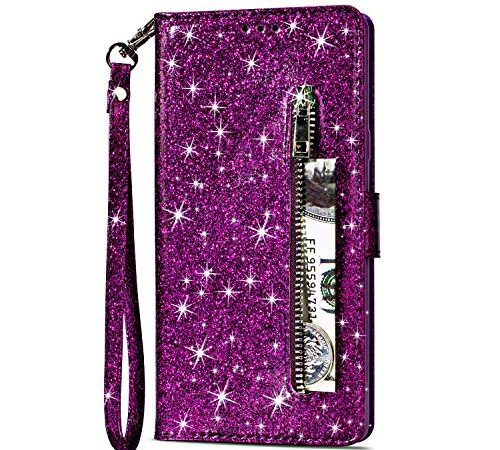 Artfeel Reißverschluss Brieftasche Hülle für Samsung Galaxy S9 Plus, Bling Glitzer Leder Handyhülle mit Kartenhalter,Flip Magnetverschluss Stand Schutzhülle mit Tasche und Handschlaufe-Lila