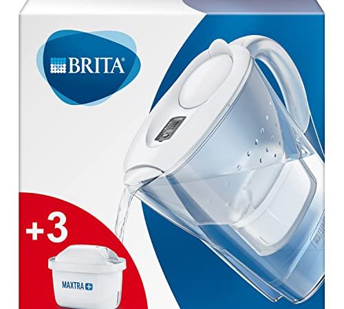 BRITA Wasserfilter Marella weiß inkl. 3 MAXTRA+ Filterkartuschen – BRITA Filter Starterpaket zur Reduzierung von Kalk, Chlor, Blei, Kupfer & geschmacksstörenden Stoffen im Wasser