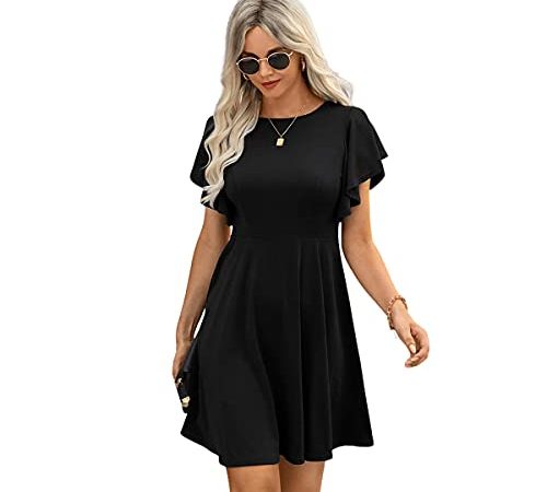 DIDK Damen A Linie Kleid Elegant Sommerkleid Schmetterlingsärmel Freizeitkleid Kielang Swing Stretchy Kleider Schwarz S