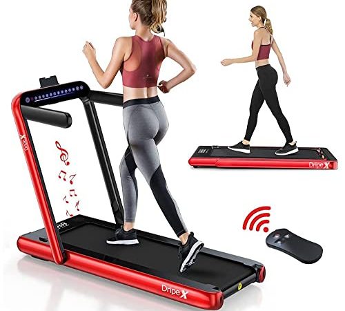 Dripex 2 in 1 Laufband klappbar, elektrisches Treadmill mit mit Bluetooth-Lautsprecher, Fernbedienung, LED-Anzeige, 2,25 PS Untertischmotorisiertes Laufband, einfache Montage, rot