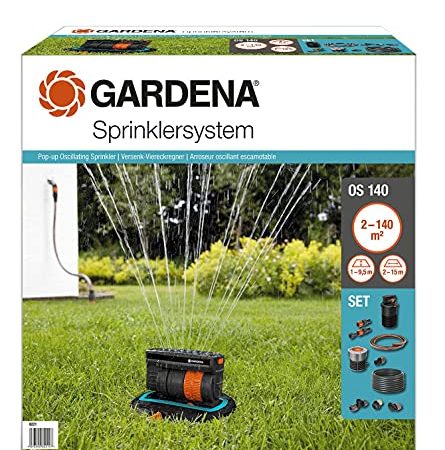 Gardena Sprinklersystem Komplett-Set mit Versenk-Viereckregner OS 140: Bewässerungssystem für quadratische und rechteckige Flächen bis max 140 m², ebenerdig montiert (8221-20)