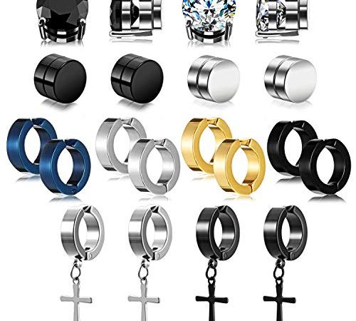 HICARER 10 Paare Magnetische Ohrstecker Edelstahl Magnetische Ohrringe, Nicht Durchdringende Kreuz Baumeln Creolen Unisex Messgeräte Clip auf Ohrring Schwarz CZ Magnet Ohrring Set (Schicker Stil)