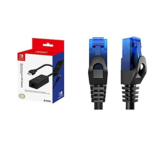 HORI Switch LAN Adapter [Nintendo Switch] & KabelDirekt – 5m – Netzwerkkabel, Ethernet, LAN & Patch Kabel (überträgt maximale Glasfaser Geschwindigkeit, blau)