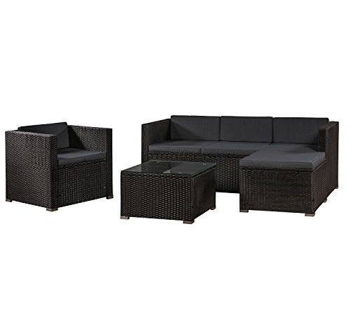 Juskys Polyrattan Lounge Punta Cana L schwarz — Gartenlounge für 4-5 Personen — Gartenmöbel-Set mit Sessel, Sofa, Tisch, Hocker - Bezüge Dunkelgrau