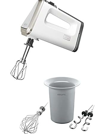 Krups GN9011 Handmixer 3 Mix 9000 Deluxe | 500W | stufenlose Geschwindigkeiten mit langsamem Start + Turbotaste | ergonomischer Griff | Schneebesen & Knethaken aus Edelstahl | Messbecher inkl. | weiß