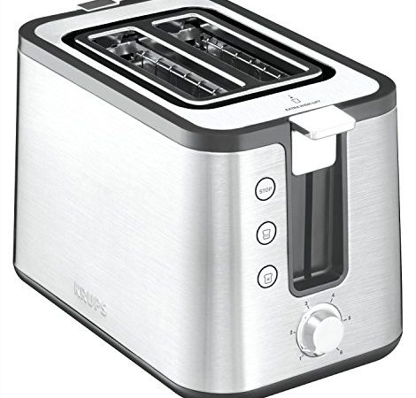 Krups KH442D Control Line Premium Toaster | Edelstahl | 2 kurze Schlitze für 2 Scheiben | Brötchenaufsatz | 6 Bräunungsgrade | 850 W | Silber/ Schwarz