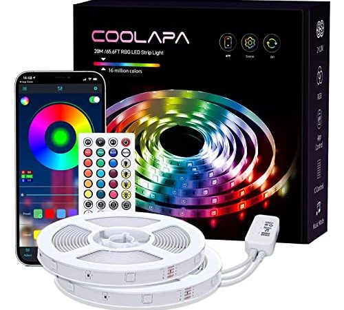 LED Strip 20M, COOLAPA Led Streifen RGB 5050, LED Stripes mit 40 Tasten IR-Fernbedienung APP Steuerbar Musikmodus, 12V 360 LEDs, Sync mit Musik, Beleuchtung von Haus, Party, Küche, 2 Rollen von 10m