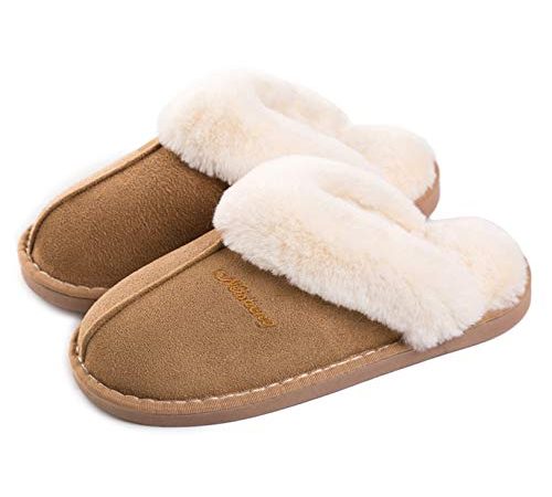 Misolin Damen Herren Hausschuhe Winter Warm Faux Pelz Slipper Weiche Flache Plüsch Pantoffel rutschfeste Outdoor/Indoor, Hellbraun, 38.5/40 EU, M, 280