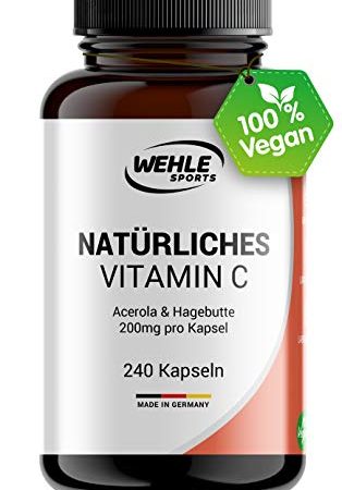 Natürliches Vitamin C Hochdosiert - 240 Vegane Kapseln 4 Monatsvorrat Acerola-Extrakt Und Hagebutten-Extrakt 400mg Reines Vitamin C Pro Tagesdosis (2 Kapseln) Laborgeprüft