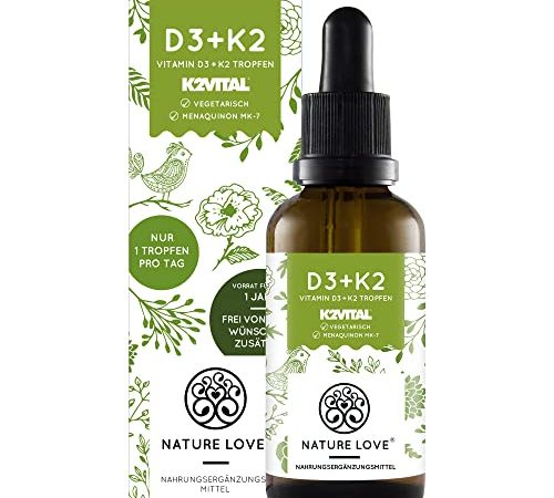 NATURE LOVE® Vitamin D3 + K2 (50ml flüssig) - Hoch bioverfügbar durch Original K2VITAL® 99,7% All-Trans + laborgeprüfte 1000 I.E. Vitamin D3 pro Tropfen - Hochdosiert, in Deutschland produziert