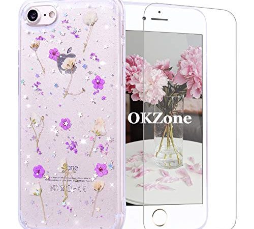 OKZone Kompatible mit iPhone 8 / iPhone 7 (4,7 Zoll) Hülle [mit HD-Schutzfolie], [Getrocknete Blumen] Blume Gepresst Handyhülle Kristall Gel Schale Schutz Echte Blume Bumper Case Cover Hülle (Lila)