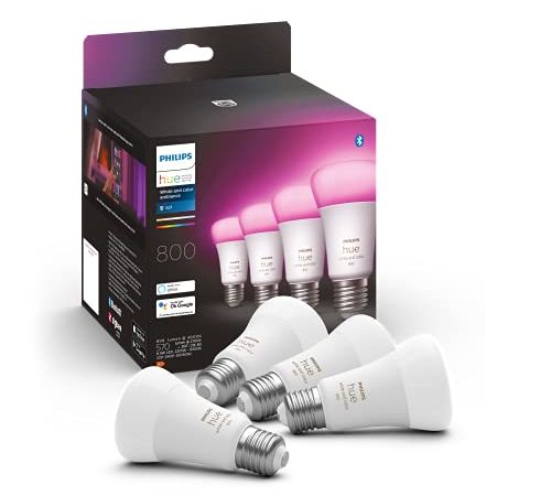 Philips Hue White & Col. Amb. E27 LED Lampen 4-er Pack, dimmbar, 16 Mio. Farben, steuerbar via App, kompatibel mit Amazon Alexa (Echo, Echo Dot)