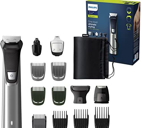 Philips MG7745 15 Multigroom Series 7000, 14 Aufsätze für Gesicht, Haare und Körper, Metalltrimmer, wasserfest, 180min Akkulaufzeit Mehrfarbig