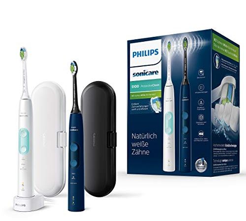 Philips Sonicare ProtectiveClean 5100 elektrische Zahnbürste HX6851/34 Doppelpack – 2 Schallzahnbürsten mit 3 Putzprogrammen, Andruckkontrolle, Reiseetuis – Weiß/Blau