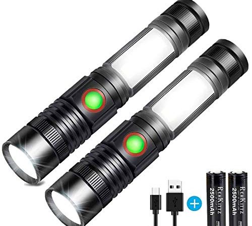 REHKITTZ LED Taschenlampe Extrem Hell (mit 2500mAh Akku) Wiederaufladbare Taktische Taschenlampe LED Multifunktions COB Arbeitsleuchte Mini Taschenlampen Magnet Flashlight Zoombar Handlampe(2 Pack)