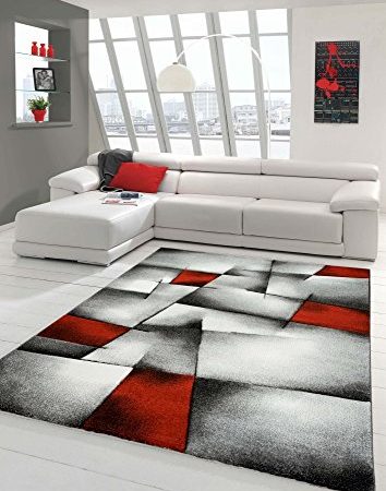 Teppich-Traum Designer Teppich Moderner Teppich Wohnzimmer Teppich Kurzflor Teppich mit Konturenschnitt Karo Muster Rot Grau Weiß Schwarz Größe 160x230 cm