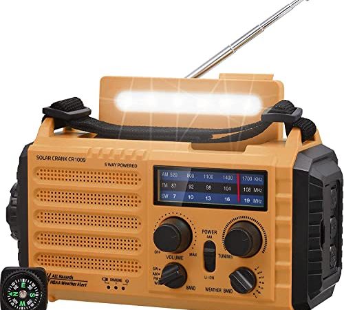 Tragbare Solar Radio, Notfall Radio mit Kurbel, Dynamo Wetter AM/FM/SW Radio,5000mAh Wiederaufladbare Powerbank,USB-Handy-Lader,LED Taschenlampe & Leseleuchte,SOS Alarm,Kompass für Camping Ourdoor