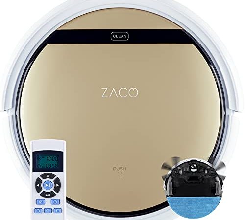 ZACO V5sPro Saugroboter mit Wischfunktion, automatischer Staubsauger Roboter, 2in1 nass Wischen bis zu 180qm oder Staubsaugen, für Hartböden, Fallschutz, beutellos, mit Ladestation, 22W, 300ml, Gold