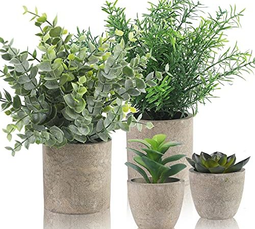 Alagirls 4 Stück Künstliche Pflanzen, Mini Kunstpflanze Eukalyptus Rosmarin Sukkulenten mit Topf Schreibtisch Küche Badezimmer Garten Deko