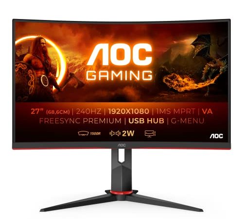 AOC Gaming C27G2ZU - 27 Zoll FHD Curved Monitor, 240 Hz, 0.5ms, FreeSync Premium (1920x1080, HDMI, DisplayPort, USB Hub) schwarz/rot