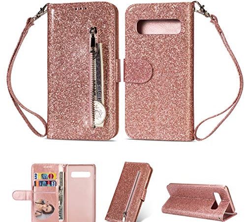 Artfeel Reißverschluss Brieftasche Hülle für Samsung Galaxy S10+/S10 Plus, Bling Glitzer Leder Handyhülle mit Kartenhalter,Flip Magnetverschluss Stand Schutzhülle mit Tasche und Handschlaufe-Roségold