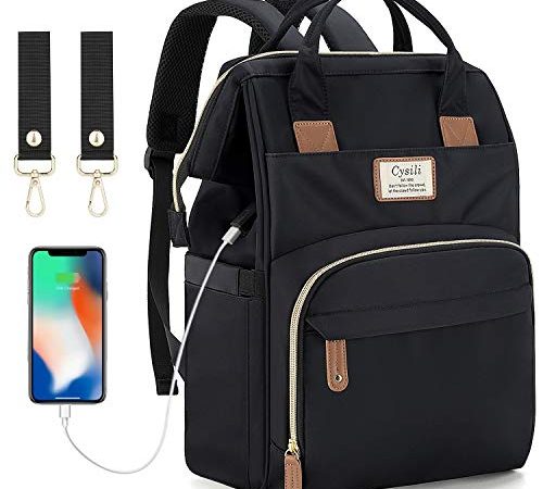 Baby Wickelrucksack Wickeltasche mit USB-Ladeanschluss und 2 Kinderwagengurten Multifunktional Große Kapazität Babytasche Reisetasche für Unterwegs (Schwarz)