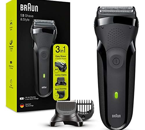 Braun Series 3 Rasierer Herren, 3-in-1-Elektrorasierer, Barttrimmer mit 5 Kammaufsätzen, wiederaufladbarer und kabelloser elektrischer Rasierer, 30 Min Laufzeit, 300BT, schwarz