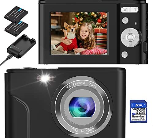 Digitalkamera, BRIHIEVY FHD 1080P 36MP Mini Fotokamera Wiederaufladbare Kompaktkamera mit 32GB SD-Karte 16X Digitalzoom, Fotoapparat Digitalkamera für Kinder Teenager Anfänger Erwachsene -Schwarz