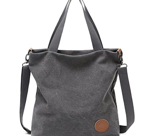 JANSBEN Damen Canvas Handtasche Schultertasche Casual Multifunktionale Umhängetaschen Groß für Schule Shopper Lässige täglich (Grau)