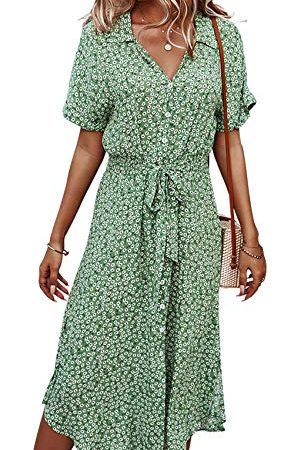 Jiraewh Damen Blumen Sommerkleid Knopf Kurzarm V-Ausschnitt Lose Knielang Kleid High Waist Midi-Hemdkleid Strandkleider Polka Dots Knopfkleid Langarmkleid (Grün, L)