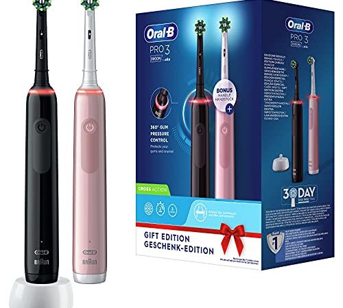 Oral-B PRO 3 3900 Elektrische Zahnbürste/Electric Toothbrush, Doppelpack, mit 3 Putzmodi und visueller 360° Andruckkontrolle für Zahnpflege, Designed by Braun, schwarz/pink