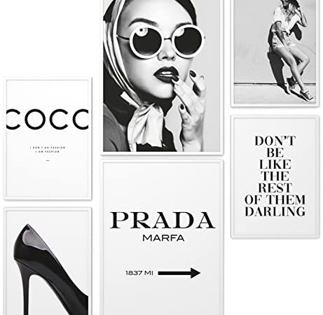 Papierschmiede® Mood Poster Set Coco Schwarz-Weiß, Bilder als Wanddeko, Wohnzimmer & Schlafzimmer, 2x DIN A4 und 4x DIN A5, Glamour Lifestyle Mode - ohne Rahmen