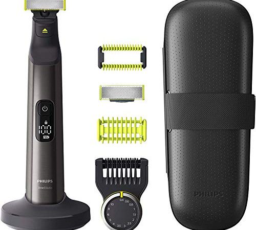 Philips OneBlade Pro Face + Body inkl. Ladestation & Reiseetui QP6650/30 - Rasieren, Trimmen und Stylen für jeder Haarlänge, 2 Klingen, 14 Längeneinstellungen, Hautschutzaufsatz, Geschenke für Männer