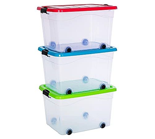 PREMIUM 3er XXL Set Aufbewahrungsbox Spielzeug Organizer mit Deckel und Rollen 60 Liter stapelbar in 3 Verschiedenen Farben. Ideal für Büro, Kinderzimmer, Küche & Werkstatt (3 x 60 Liter)