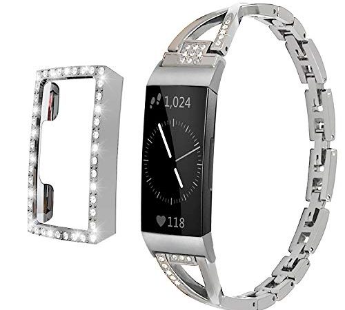 Qianyou für Fitbit Charge 3 Armband Metall/Charge 4 Armbänder mit Hülle Glitzer, Damen Edelstahl Ersatzarmband+PC Vollschutz Schutzhülle Bumper Cover für Fitbit Charge 4/Charge 3-Silber