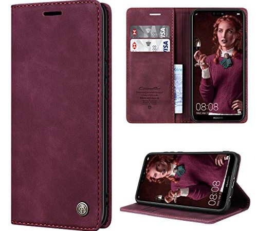 RuiPower Handyhülle für Huawei P20 Lite Hülle Premium Leder PU Flip Case Magnetisch Klapphülle Wallet Lederhülle Silikon Bumper Schutzhülle für Huawei P20 Lite Tasche - Wein Rot