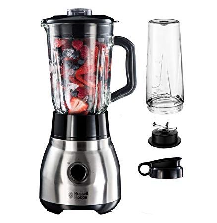 Russell Hobbs Standmixer 2-in-1 [1,5l Glasbehälter Mixer & 0,6l Mini Smoothie Maker -To-Go-Trinkflasche inkl. Deckel] Spülmaschinenfest, Impuls-/Ice-Crush Funktion, Steel 23821-56[Exklusiv bei Amazon]