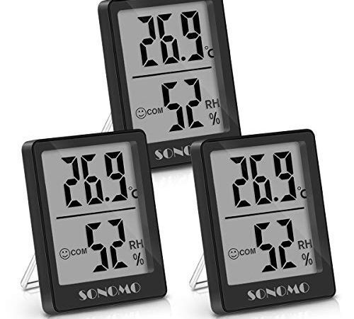 SONOMO Thermo-Hygrometer, 3er Set Hygrometer Innen Thermometer Digital Raumthermometer Luftfeuchtigkeitsmessgerät für Innenraum, Wohnzimmer, Babyraum, Büro (Schwarz)