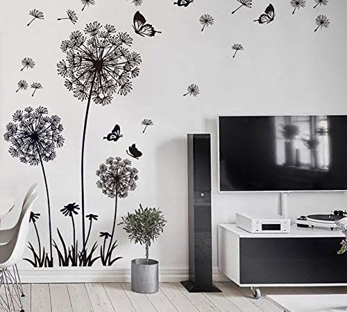 WandSticker4U®- XL Wandtattoo PUSTEBLUMEN Schwarz I Wandbild: 165x130 cm I Wandsticker Wohnzimmer modern Pflanzen Blumen Löwenzahn Schmetterlinge I Wand Deko für Schlafzimmer Küche Flur Bad GROß