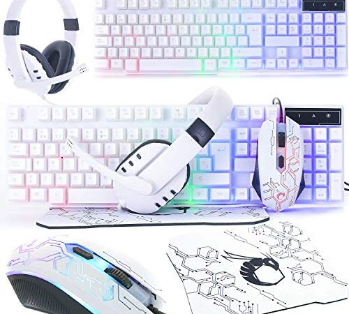 Weißes Gaming-Tastatur und Maus und Gaming-Headset & Mauspad, kabelgebundene LED-RGB-Hintergrundbeleuchtung für PC-Gamer, Nutzer – 4-in-1 White Edition Hornet RX-250