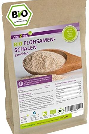 Bio Flohsamenschalen gemahlen 99% Reinheit - 1kg - indisches Flohsamenschalen-Mehl - Ideal zum Backen - 1000g - Premium Qualität