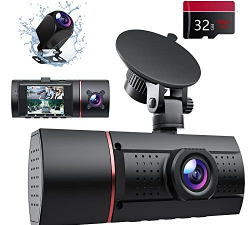 Dashcam, LIDOFIGO 1080P Dashcam Auto Vorne Hinten und Innen Autokamera mit IR-Nachtsicht, Bewegungserkennung, Loop-Aufnahme, WDR-Technologie, 170°Weitwinkel, Schwerkraft-Sensor, Parküberwachung