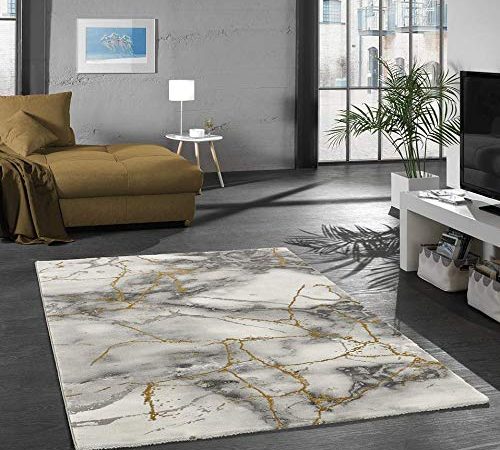 Merinos Teppich Wohnzimmer Design Teppich Marmor Optik mit Glanzfasern in Grau Gold Größe 160x230 cm