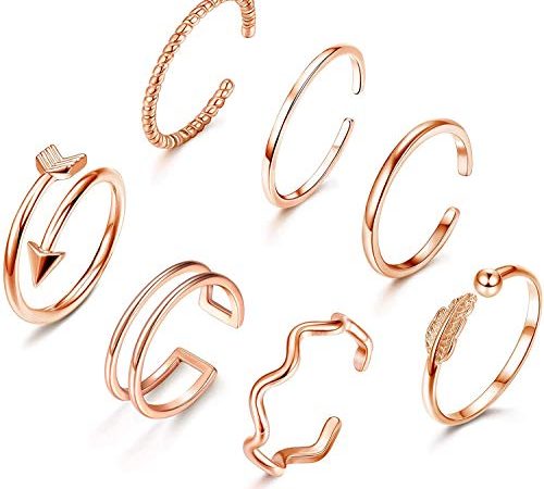 Milacolato 7PCS Verstellbare Band Fingerringe Set Niedliches Minimalistischer Silber Gold Roségold Welle Stapelbare Offene Ringe Set für Damen