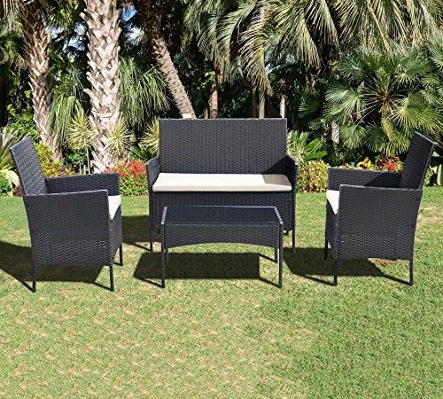 Ribelli 4-teiliges Gartenmöbel Set, Lounge Set, cremefarbenen Kissen – aus PE-Rattan – Tisch Plus Zwei Stühle und 1er Bank – praktisch zu verstauen (4 TLG. schwarz/Cream)