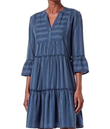 TOM TAILOR Damen Leinen Kleid mit Streifen 1032208, 29534 - Navy Thinner Stripe, 44