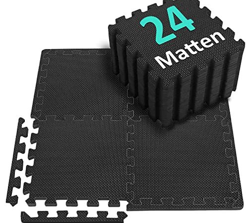 Bodenschutzmatte Fitness Set [31x31cm] - 24 Puzzlematte [33% mehr Menge] - EVA Sportmatte Fitnessmatte Rutschfest, Bodenmatte für Fitnessraum&Fitnessgerät, Fallschutzmatten Outdoor&Pool Unterlegmatte