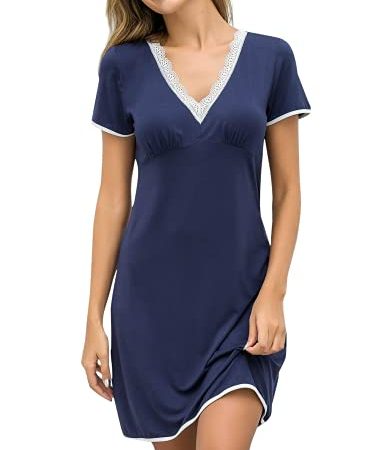 EKOUAER Damen Nachthemd Kleid Nachtwäsche Negligees Kurzarm Mit Spitzenbesatz, Typ2_Navyblay, XXL